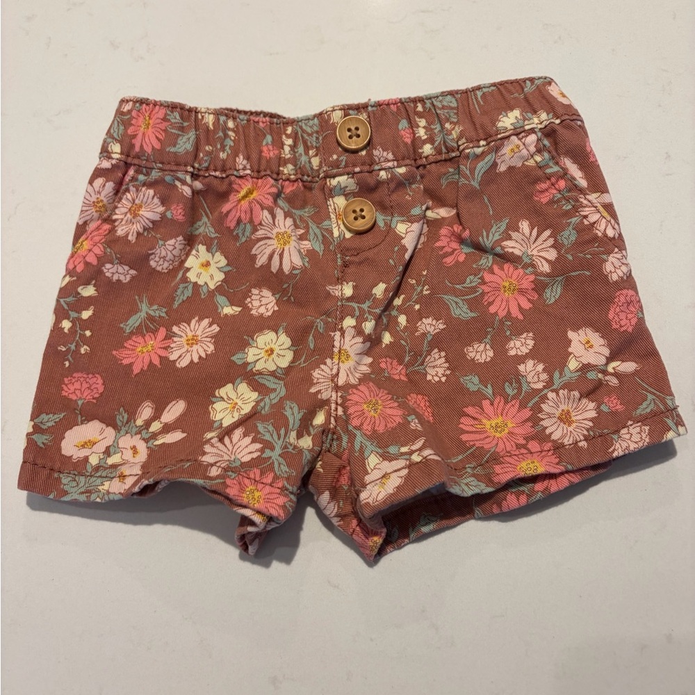 Floral Brown Shorts with Wooden Buttons